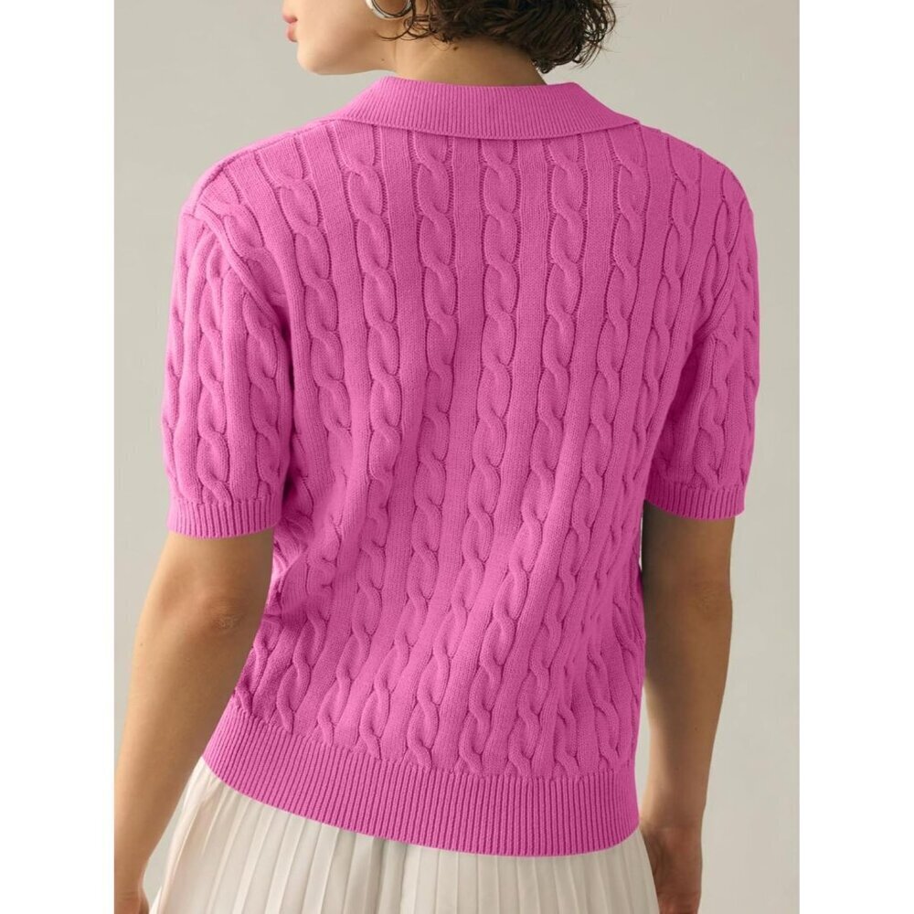 Womens Pink Short Sleeve Sweater Top Cable Knit Casual Summer V Neck Polo Shirts - Picture 2 of 6